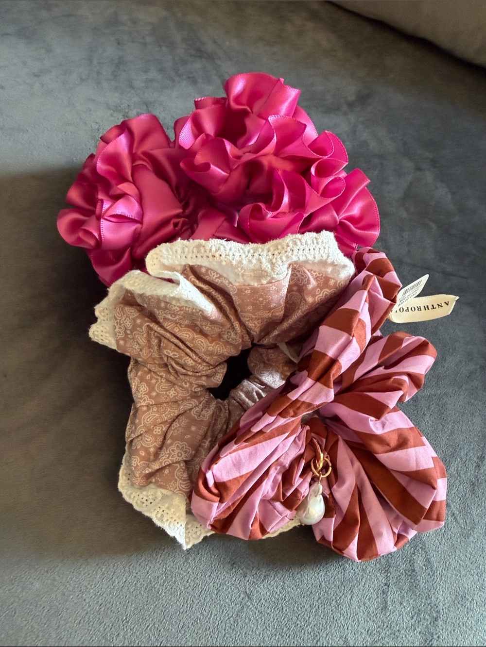 Anthropologie Pink Mixed Scrunchie Set with Satin Ruffles and Bow Accent